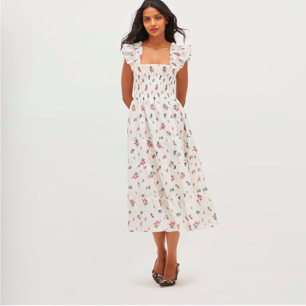NWT Hill House Ellie Midi Nap Graduation Dress Ivory Ikat Floral Crushed Taffeta - Picture 2 of 9
